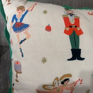 Rifle Paper Co.Holiday Pillow w/ Nutcracker,Angel &gingerbread Design/fun ruffle